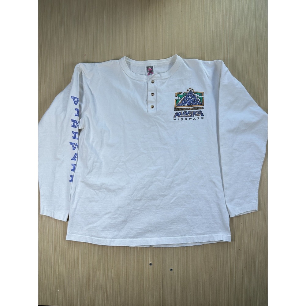 Vintage Anvil Hanley Henley Shirt Men's XL White Alaska Windward Hike Bike Kayak